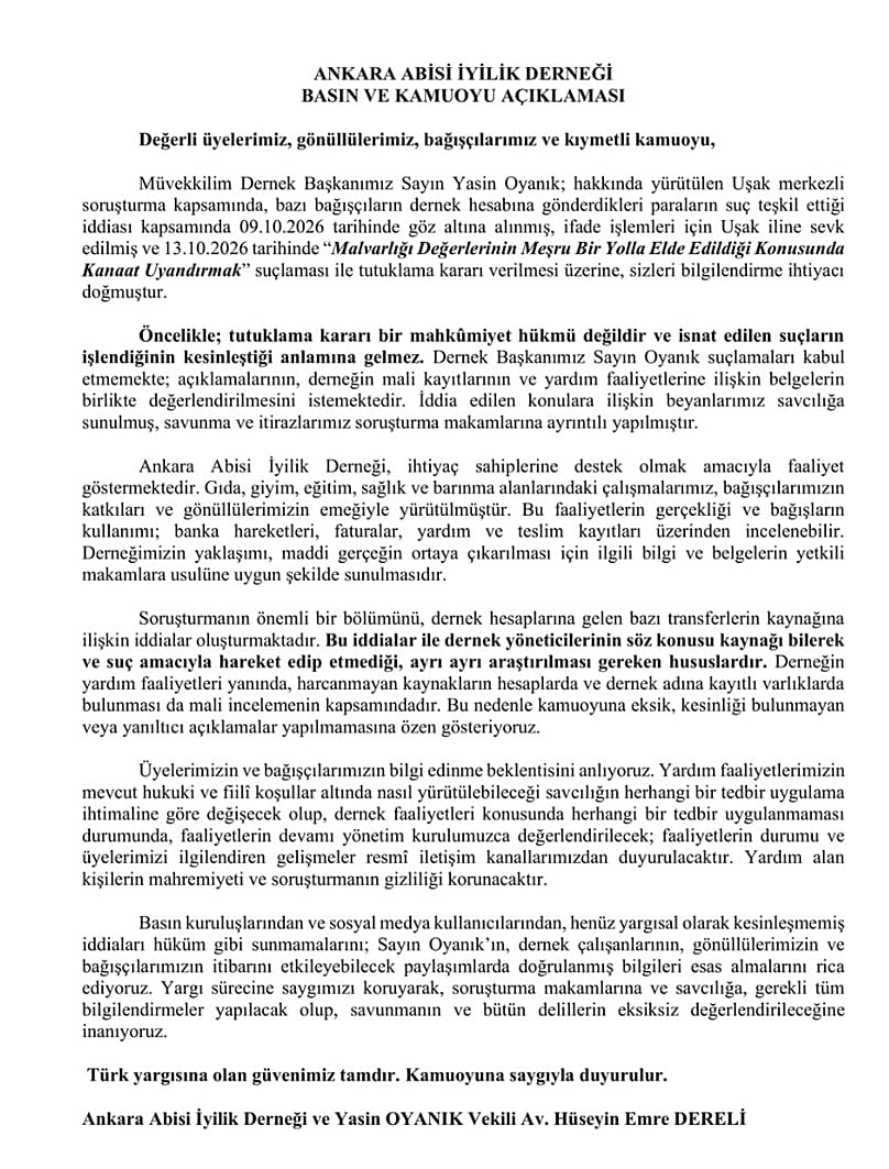 'Ankara Abisi' adıyla tanınan Yasin Oyanık'ın avukatının Instagram hesabından paylaştığı açıklama.