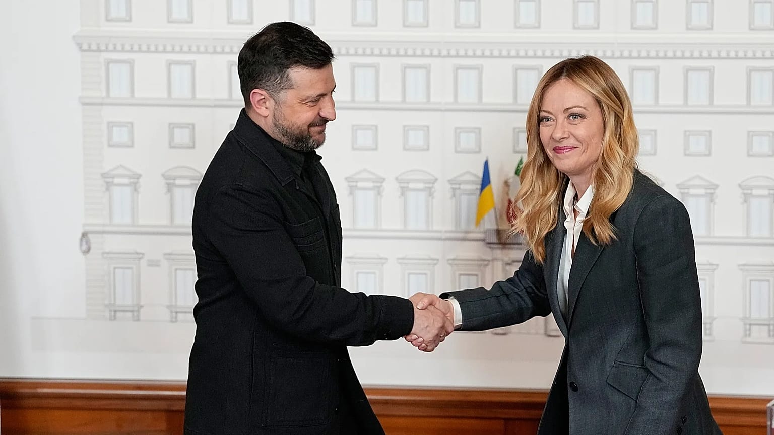 Giorgia Meloni, on the right, meets Ukrainian President Volodymyr Zelensky at Palazzo Chigi in Rome on 15 April.