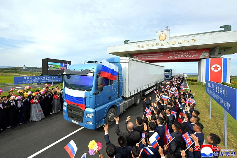 A truck from Russia arrives in North Korea after crossing the first road bridge across their shared border, 7 September, 2026