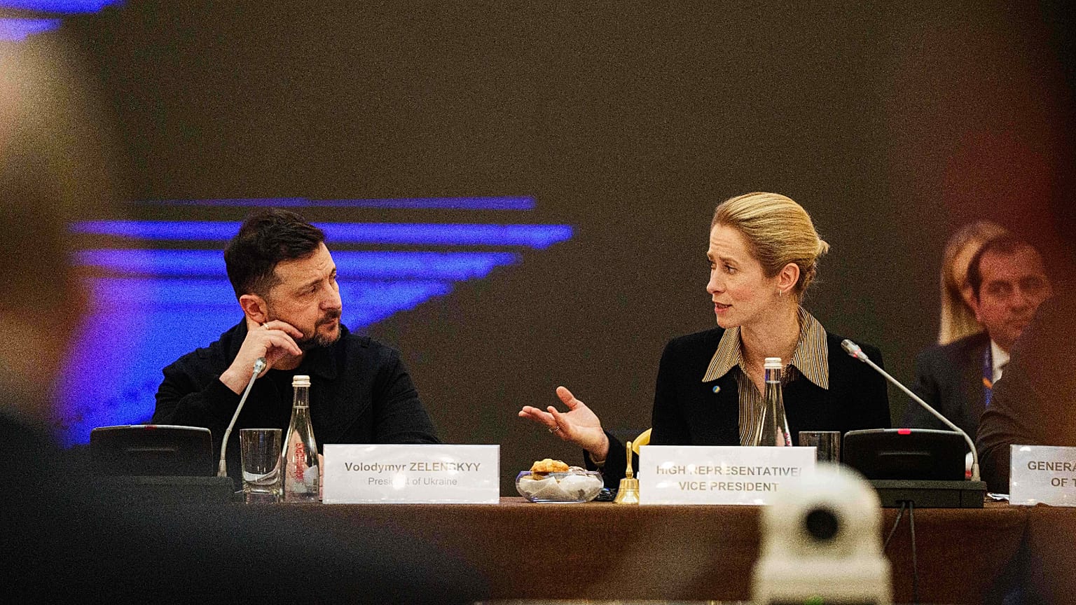 FILE: Volodymyr Zelenskyy and Kaja Kallas speak during the informal meeting of the EU Council on Foreign Affairs in Kyiv, Ukraine, March 31, 2026.