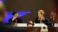 FILE: Volodymyr Zelenskyy and Kaja Kallas speak during the informal meeting of the EU Council on Foreign Affairs in Kyiv, Ukraine, March 31, 2026.