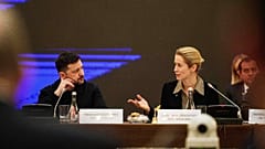 FILE: Volodymyr Zelenskyy and Kaja Kallas speak during the informal meeting of the EU Council on Foreign Affairs in Kyiv, Ukraine, March 31, 2026.
