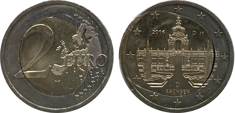 Sogenannte Spiegeleiprägung einer deutschen 2-Euro-Münze: Das Material des inneren Münzteils reicht in den äußeren Ring hinein.