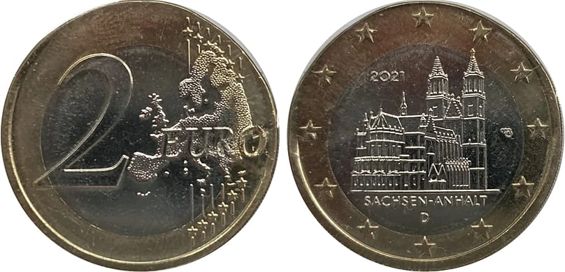 Diese 2-Euro-Gedenkmünze „Sachsen-Anhalt“ von 2021 wurde auf einen 1-Euro-Rohling geprägt.