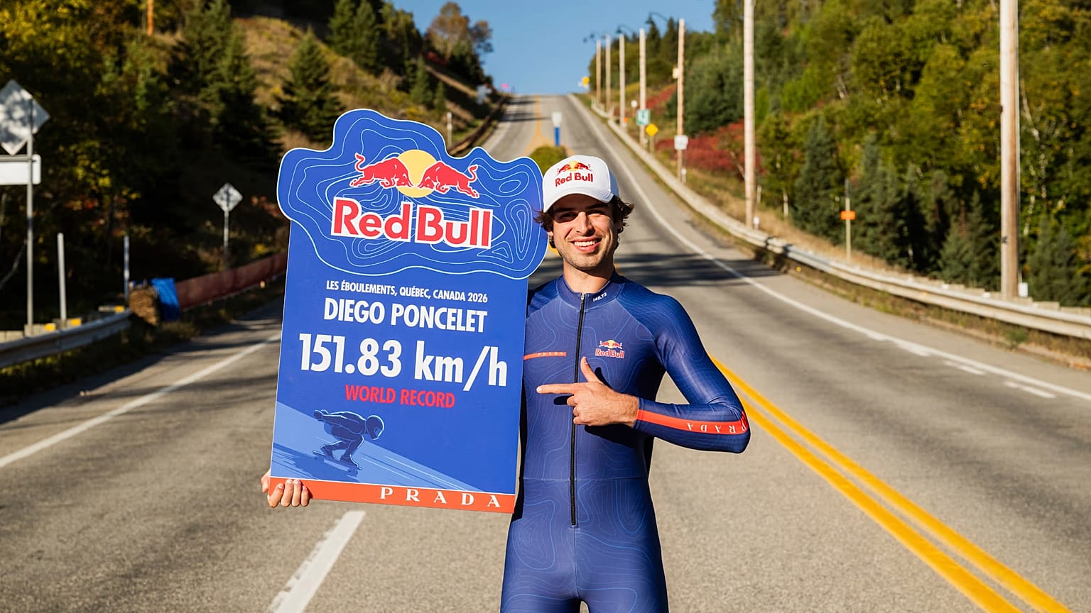 Diego Poncelet aparece tras el récord mundial de velocidad en monopatín en Les Éboulements, Quebec, Canadá, el 22 de septiembre de 2026