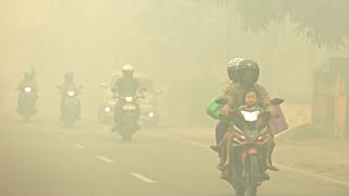 Des automobilistes circulent sur une route au milieu de la brume due aux feux de forêt à Palangkaraya, dans le Kalimantan central.