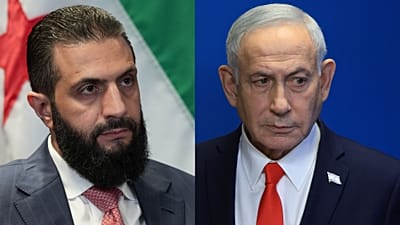 رئيس الوزراء الإسرائيلي بنيامين نتنياهو (يميناً) والرئيس السوري الانتقالي أحمد الشرع (يساراً)