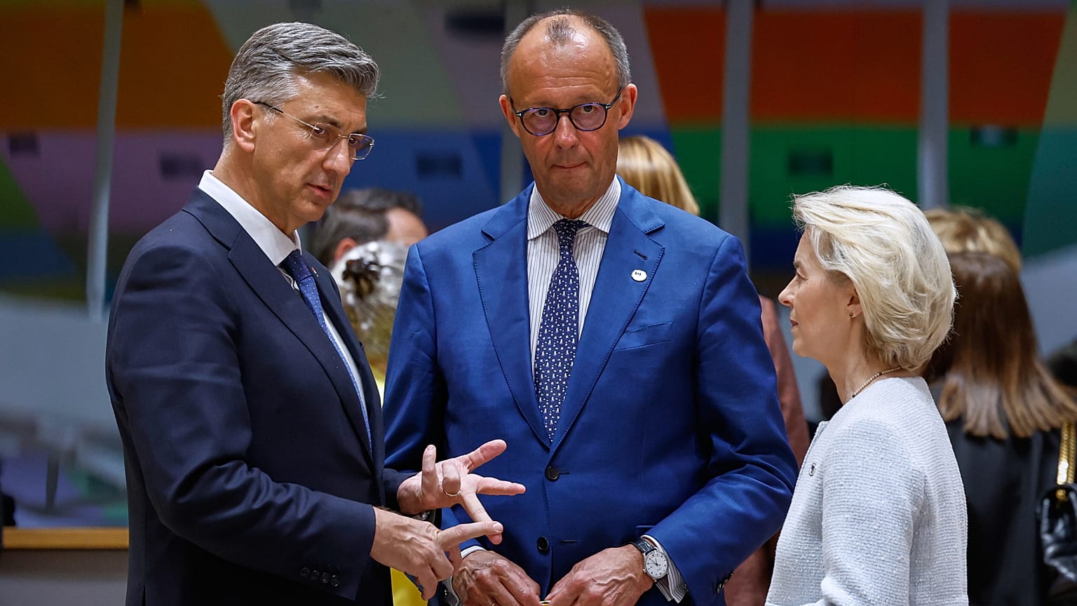 From left, Croatia's Prime Minister Andrej Plenkovic talks to Germany's Chancellor Friedrich Merz and European Commission President Ursula von der Leyen.