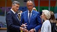 From left, Croatia's Prime Minister Andrej Plenkovic talks to Germany's Chancellor Friedrich Merz and European Commission President Ursula von der Leyen.