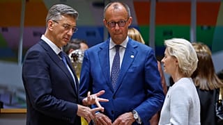 From left, Croatia's Prime Minister Andrej Plenkovic talks to Germany's Chancellor Friedrich Merz and European Commission President Ursula von der Leyen.