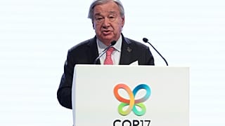 United Nations Secretary-General Antonio Guterres addresses a Leaders' Summit ahead of the start of the UN Biodiversity Conference, or COP17, Yerevan, Armenia, Oct. 16, 2026. 