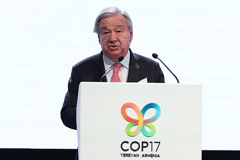 Le secrétaire général de l’ONU Antonio Guterres s’exprime lors d’un sommet de dirigeants avant le début de la Conférence des Nations unies sur la biodiversité, ou COP17, à Erevan, le 16 octobre 2026.