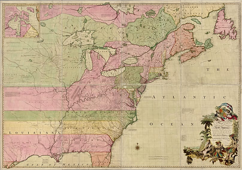 Carte des possessions britanniques et françaises en Amérique du Nord, John Mitchell, 1755. 