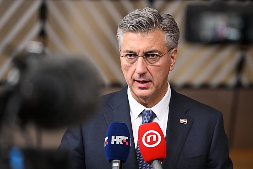 Croatia's Prime Minister Andrej Plenković speaks with the media as he arrives for the EU summit in Brussels, 15 October, 2026