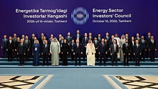 Uzbek President Shavkat Mirziyoyev with foreign investors at the Energy Sector Investors’ Council meeting in Tashkent.
