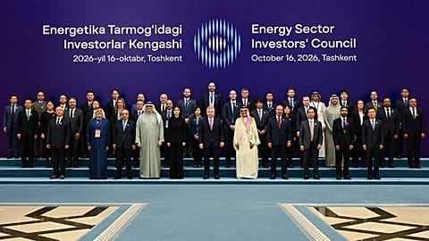 Uzbek President Shavkat Mirziyoyev with foreign investors at the Energy Sector Investors’ Council meeting in Tashkent.