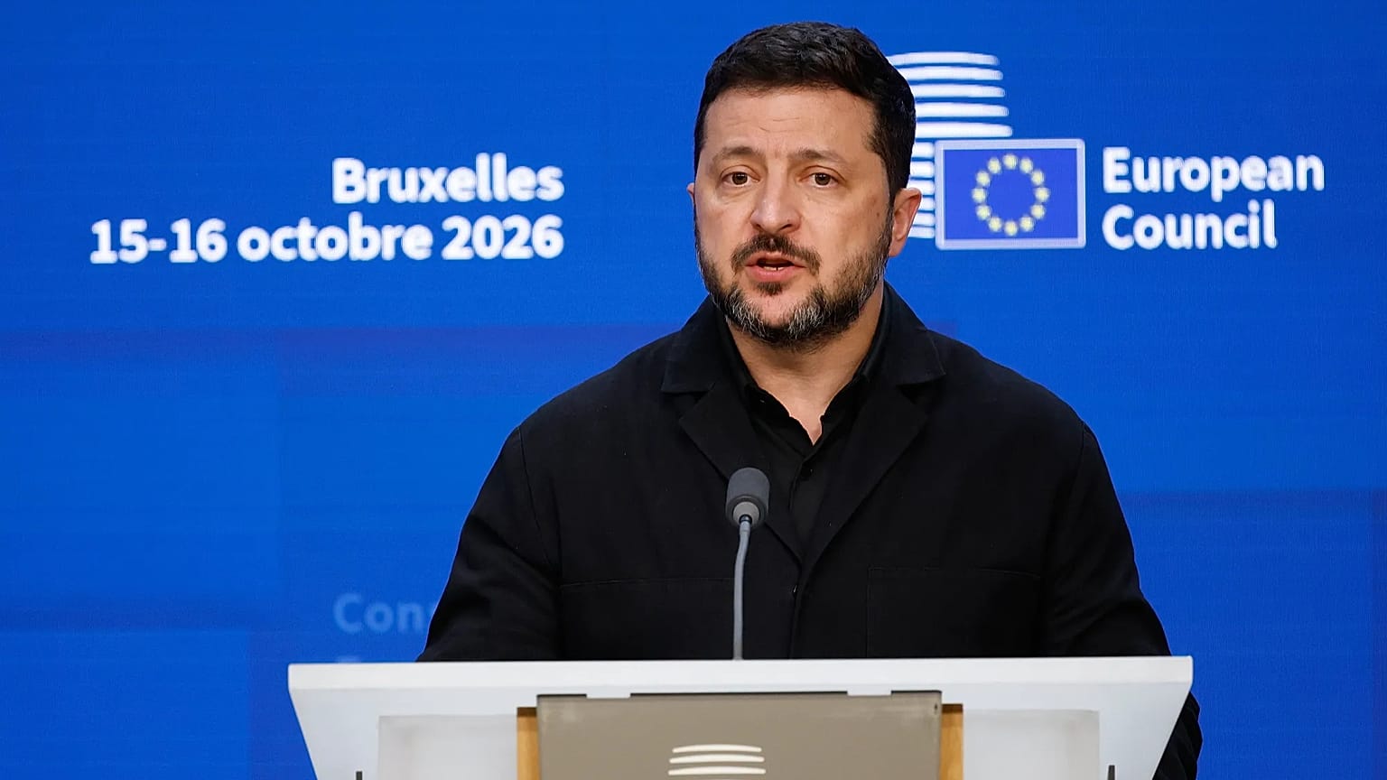 Ukraine's President Volodymyr Zelenskyy speaks during a media conference at the EU summit in Brussels, Friday, Oct. 16, 2026.