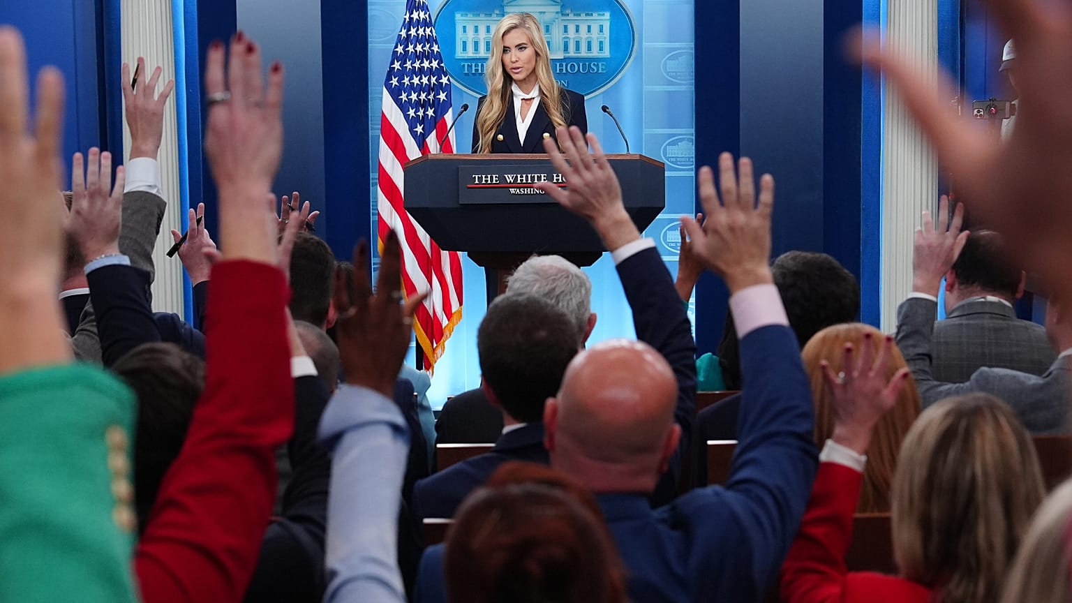 White House Press Secretary Katie Zacharia speaks to reporters during a briefing at the White House in Washington, 13 October 2026.