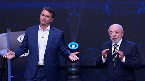 Flávio Bolsonaro and Luiz Inácio Lula da Silva during a televised presidential debate in São Paulo, 18 October, 2026