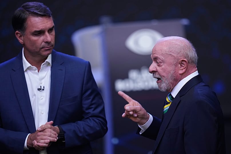 Flávio Bolsonaro and Luiz Inácio Lula da Silva during a televised presidential debate in São Paulo, 18 October, 2026