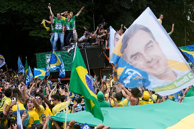 Opposition presidential candidate Flávio Bolsonaro holds a campaign rally one week before the presidential election runoff in São Paulo, 18 October, 2026