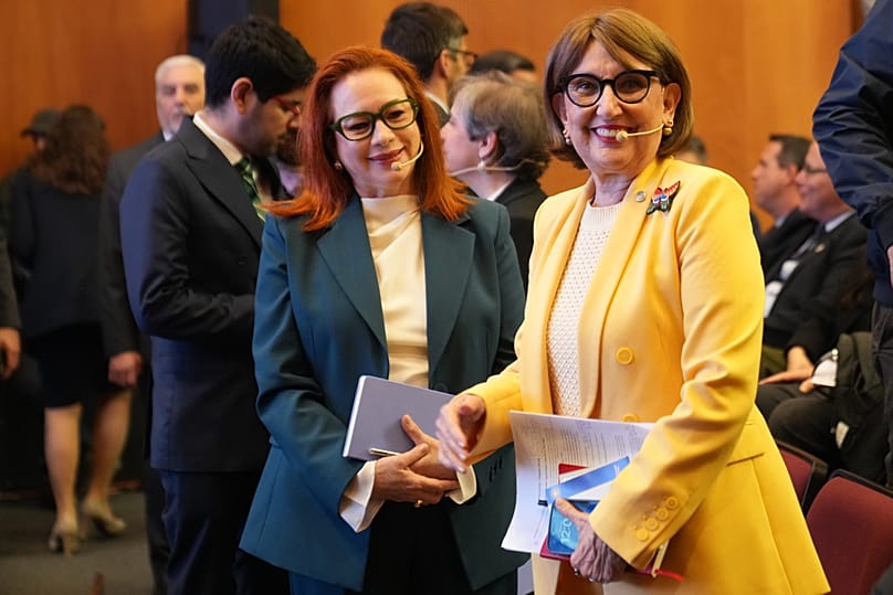 Latin American and Caribbean candidates for UN secretary-general, Costa Rica's Rebeca Grynspan, right, and Ecuador's Maria Fernanda Espinosa, Montevideo, Uruguay, Aug. 3, 2026