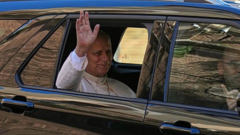 Pope Leo XIV leaves the Vatican, Tuesday, Oct. 13, 2026.