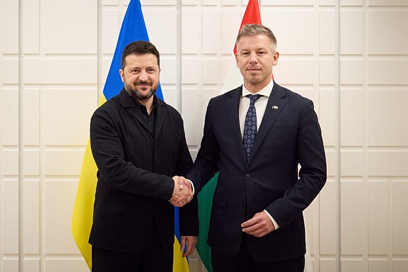 Ukrainian President Volodymyr Zelenskyy shakes hands with Hungary's Prime Minister Péter Magyar in Brussels, 16 October, 2026