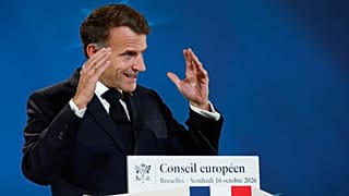French President Emmanuel Macron speaks during a media conference at the EU summit in Brussels, Friday, Oct. 16, 2026