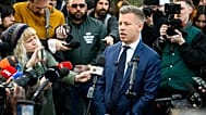  President of the opposition Tisza Party Peter Magyar talks to the media after casting his vote at a polling station during the general election in Budapest, Hungary, Sunday, 