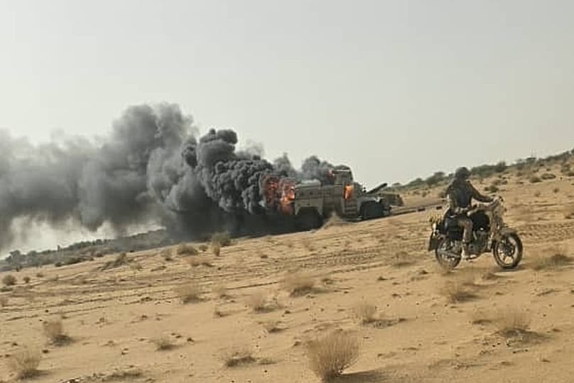 This photo released the Azaward Liberation Front (FLA) shows the alleged aftermath of an attack by FLA separatist and jihadist militants in Gao, northern Mali, July 18, 2026