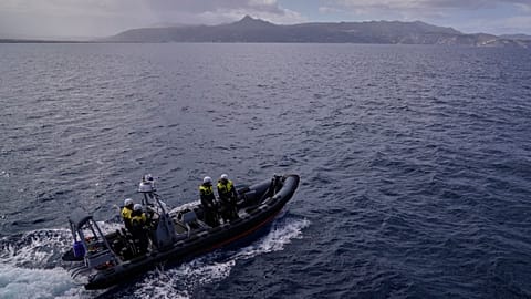 Frontex officers from the Italian Guardia Di Finanza OPV Osum patrol by speedboat on the Aegean Sea near Heraklion, 16 February, 2026