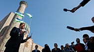 U.S. Secretary of State Marco Rubio, left, speaks to the press at Registan Square in Samarkand, Uzbekistan 