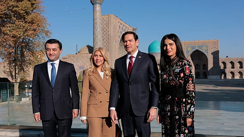 Marco Rubio, and his wife Jeanette Rubio pose for a photo with Uzbekistan's Foreign Minister Bakhtiyor Saidov, and Head of the Presidential Administration, Saida Mirziyoyeva