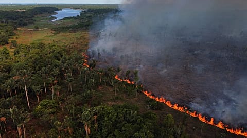Wildfires spread near the municipality of Iranduba, Amazonas state, Brazil, Friday, Oct. 2, 2026. 