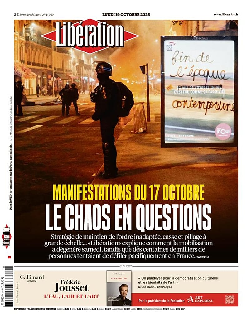 The "front page" of Libération, Monday 19 October 2026.