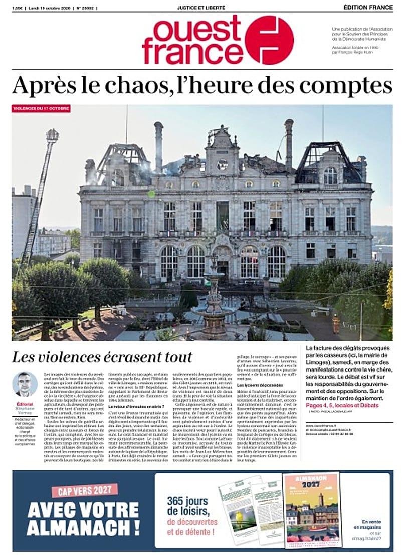 The "front page" of Ouest France, Monday 19 October 2026.