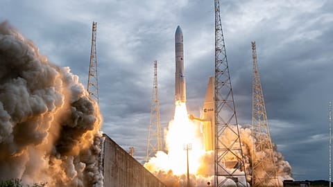 Ariane 6 rocket launch from Europe's space port in French Guiana.