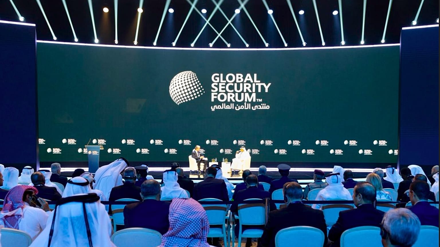 Sheikh Saoud bin Abdulrahman Al Thani, right, takes part in a discussion at the Global Security Forum in Doha, 19 October 2026.