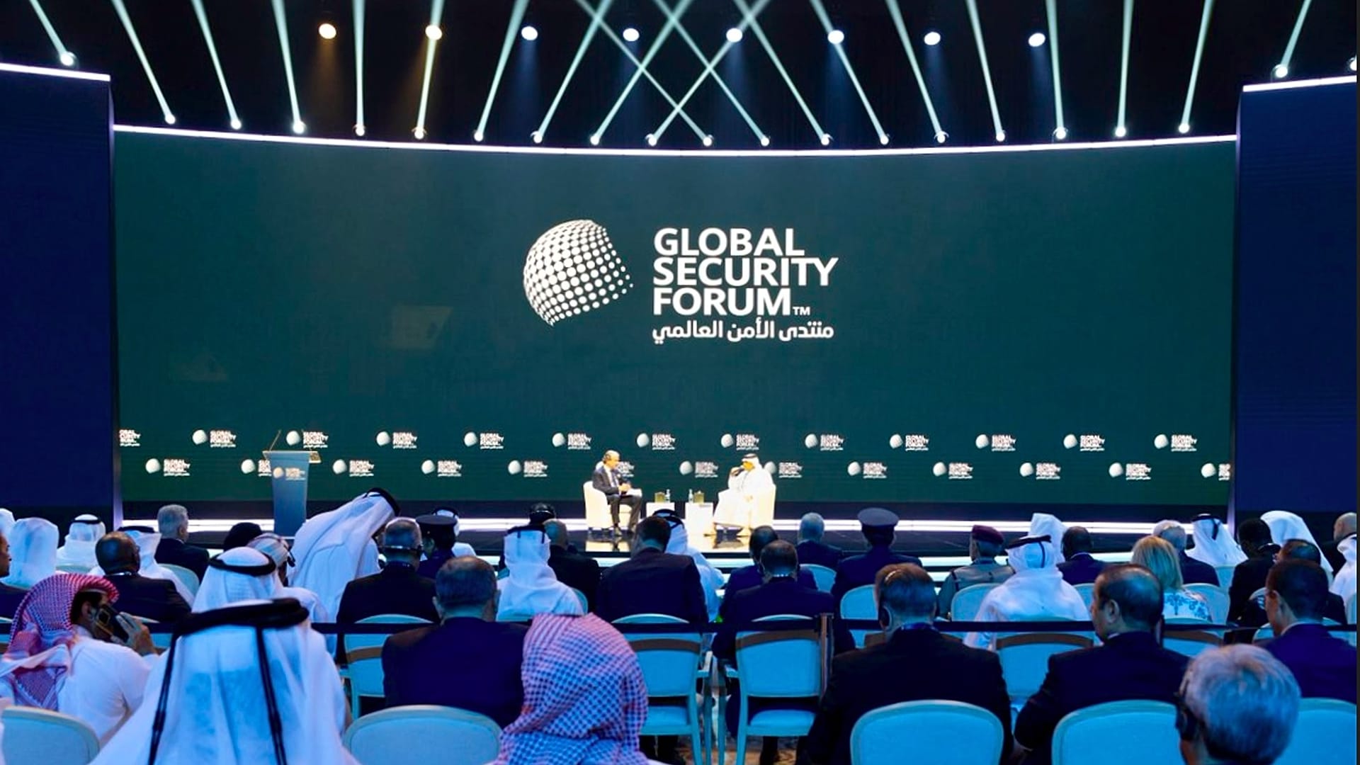 Sheikh Saoud bin Abdulrahman Al Thani, right, takes part in a discussion at the Global Security Forum in Doha, 19 October 2026.