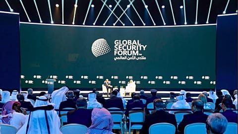 Sheikh Saoud bin Abdulrahman Al Thani, right, takes part in a discussion at the Global Security Forum in Doha, 19 October 2026.