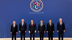 US Secretary of State Marco Rubio poses for a C5+1 Ministerial family photo with Foreign Ministers from Uzbekistan, Kazakhstan, Tajikistan, Turkmenistan and Kyrgyzstan