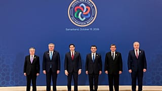 US Secretary of State Marco Rubio poses for a C5+1 Ministerial family photo with Foreign Ministers from Uzbekistan, Kazakhstan, Tajikistan, Turkmenistan and Kyrgyzstan