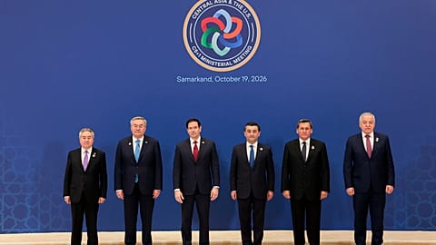 US Secretary of State Marco Rubio poses for a C5+1 Ministerial family photo with Foreign Ministers from Uzbekistan, Kazakhstan, Tajikistan, Turkmenistan and Kyrgyzstan