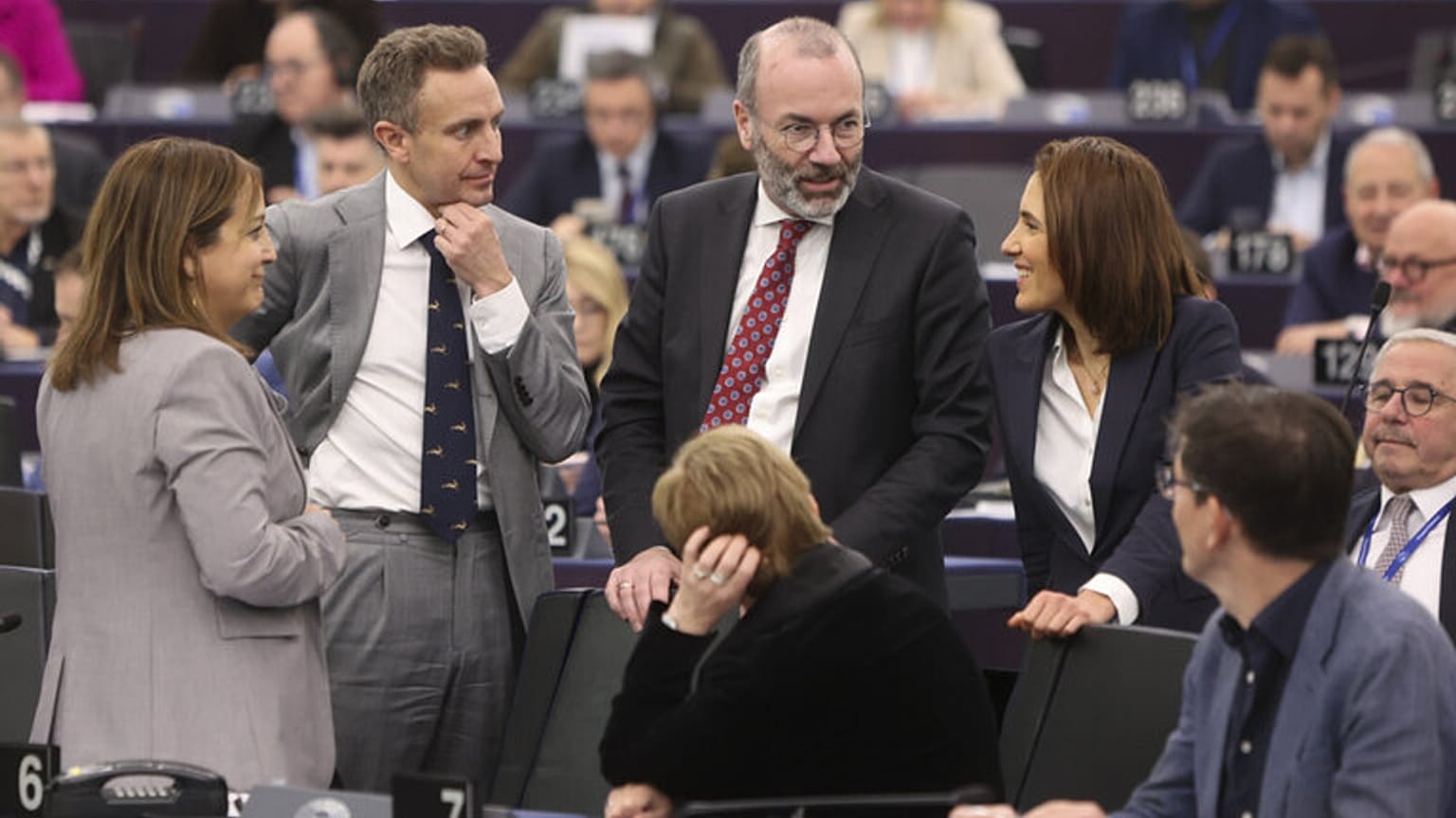 Iratxe García Pérez (first from left), Manfred Weber (third from left) and Valérie Hayer (right) during a Parliament's plenary session