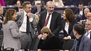 Iratxe García Pérez (first from left), Manfred Weber (third from left) and Valérie Hayer (right) during a Parliament's plenary session