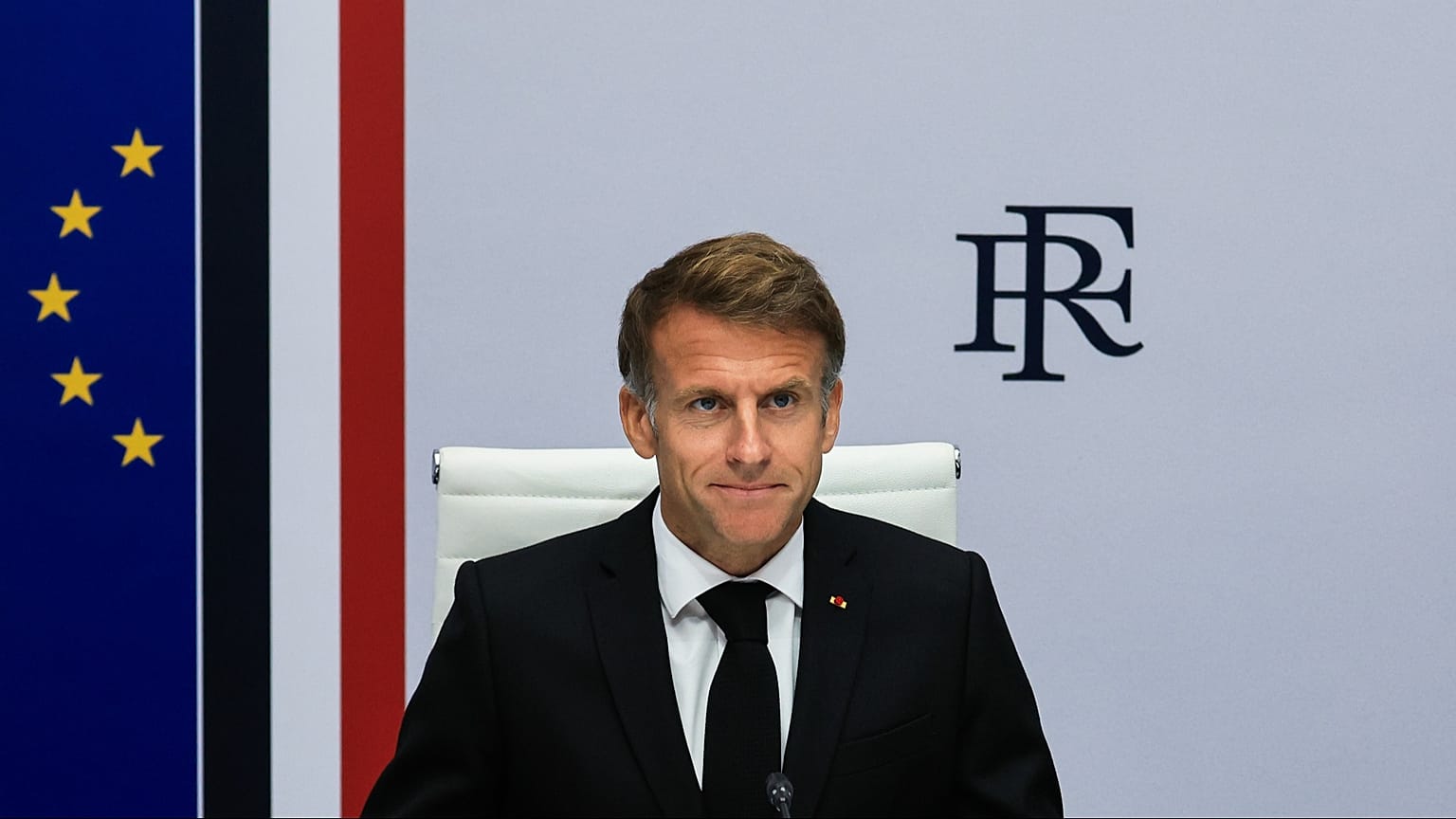 France's President Emmanuel Macron attends an Interministerial Crisis Meeting at the Elysee Presidential Palace, in Paris, on Sunday, Oct. 18, 2026 the day after nationwide ri