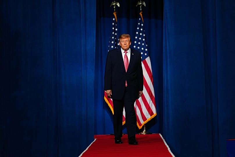US President Donald Trump arrives at a campaign rally at Heartland Credit Union Arena in Kansas, 19 October, 2026