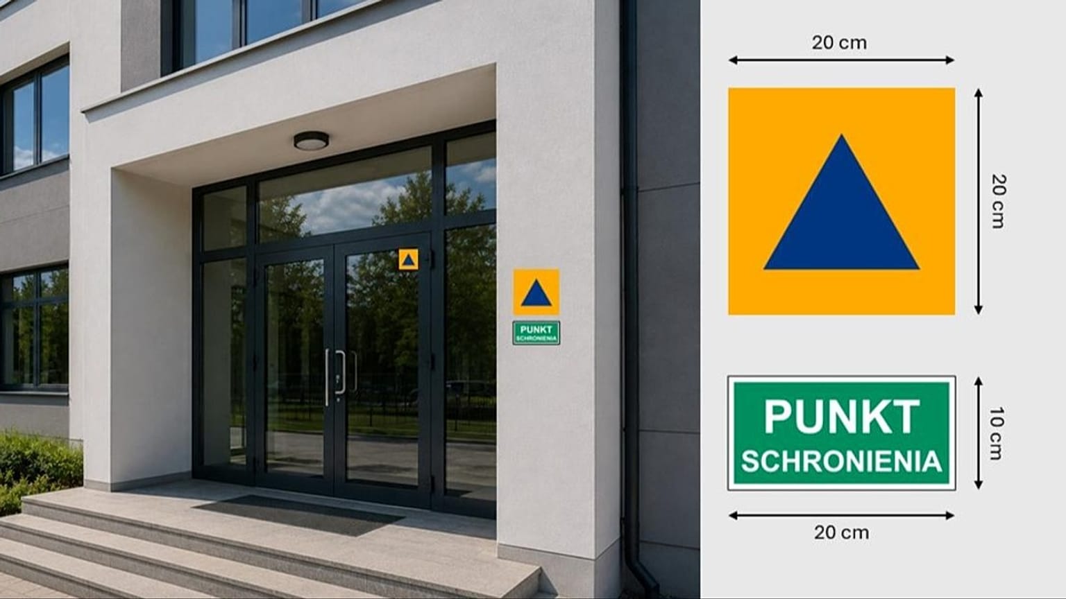 Grafika informacyjna ministerstwa spraw wewnętrznych i administracji dotycząca oznaczeń punktów schronienia 