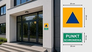 Grafika informacyjna ministerstwa spraw wewnętrznych i administracji dotycząca oznaczeń punktów schronienia 